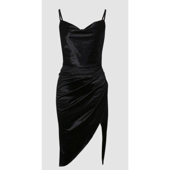 Micas Satin Draped Midi Dress Womens M Medium Black Cowl Neck Sleeveless Stretch - Picture 12 of 13